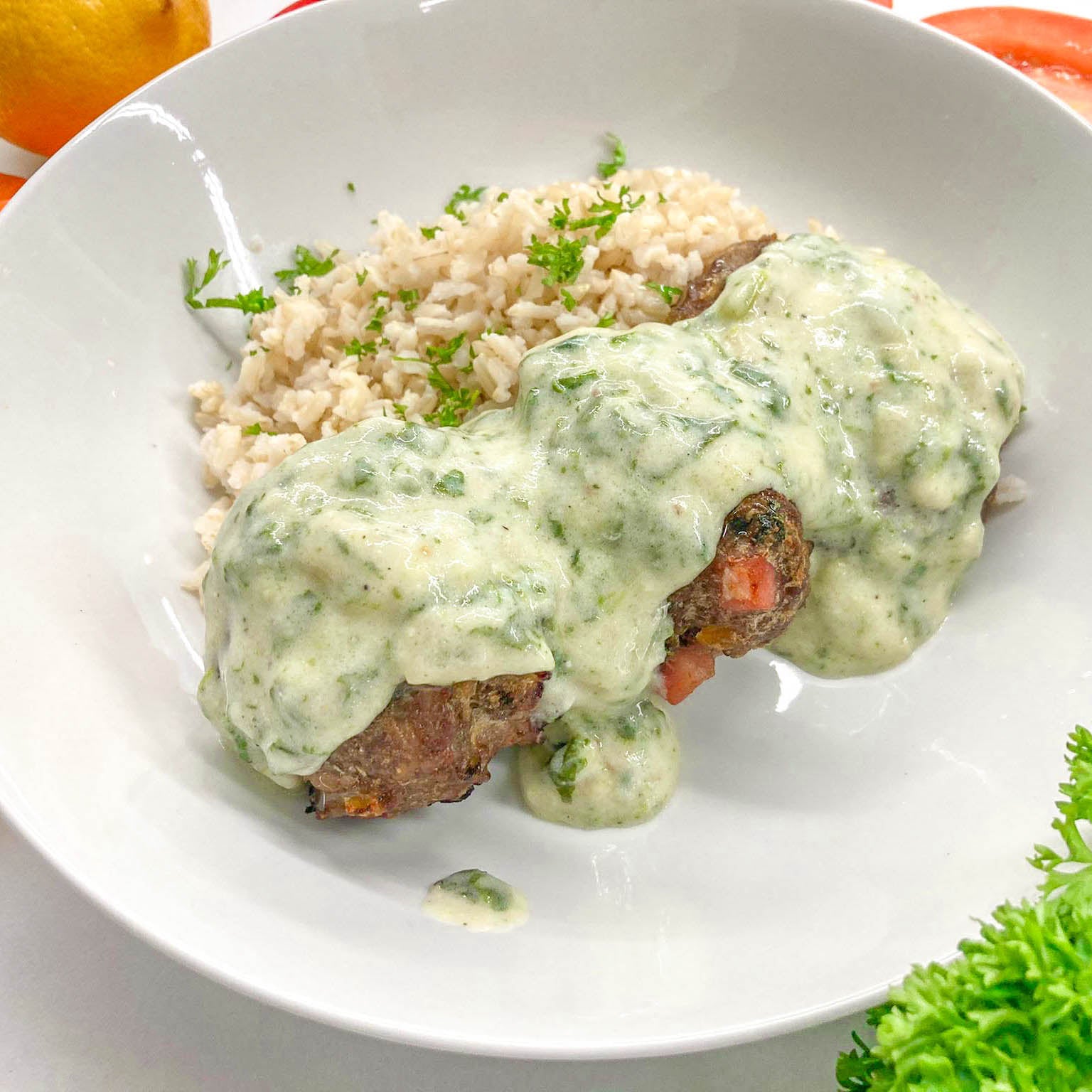 Beef burger with spinach sauce